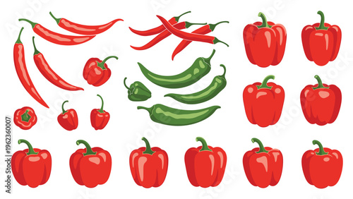 Variety of red and green peppers including large bell peppers and long spicy chili peppers arranged for a food illustration.