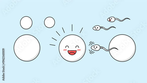 Cute cartoon illustration of sperm cells and human eggs with friendly faces showing the process of fertilization in a simple style.