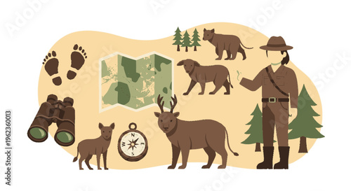 Wildlife Ranger with Animals Map and Binoculars.