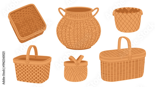 Set of traditional woven wicker baskets including picnic styles hampers and handle containers in warm brown tones for storage.