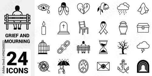 Black and white grief and mourning icon set featuring crying faces, broken hearts, wilted flowers, gravestones, storm clouds, candles, emotional symbols, loss themes, and sorrow concepts