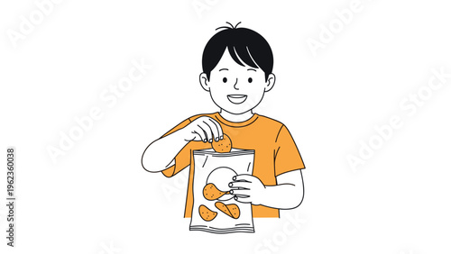 Happy young boy holding a bag of potato chips and picking one out to eat representing snacking and leisure time activities.