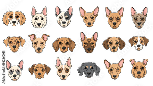 Detailed illustration of eighteen different dog breed faces showing a wide variety of domestic canine types and colors.
