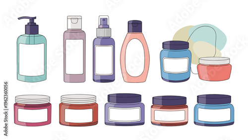 Collection of colorful cosmetic bottles and jars with blank labels suitable for skincare cream lotion and beauty products.