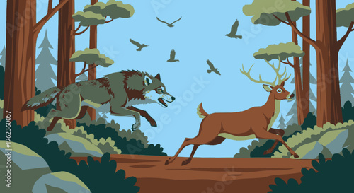 Wolf chasing a deer in a forest setting.