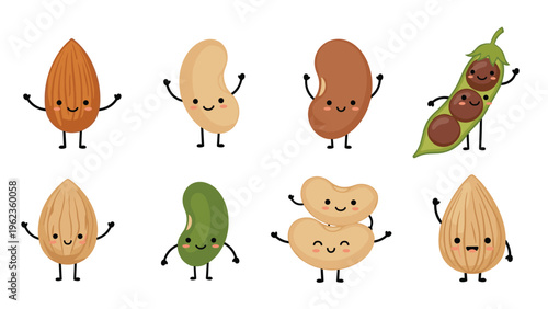 Assorted beans and nuts including almond pea and cashew with cute faces and limbs in a playful cartoon style.