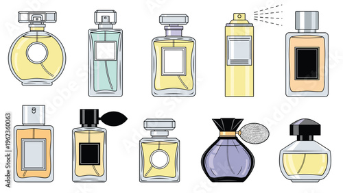 Elegant collection of perfume and fragrance glass bottles in various shapes colors and sizes for beauty and fashion concepts.