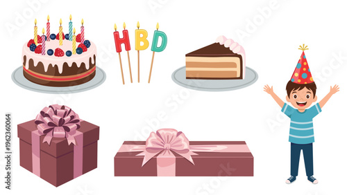 Birthday celebration set featuring a whole cake a slice presents a boy in a party hat and celebratory candles.