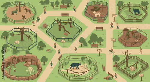 Zoo Animals in Enclosures with Visitors Observing.