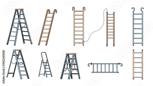 Collection of various ladders including step ladders extension ladders and fixed ladders made of metal and wood materials.