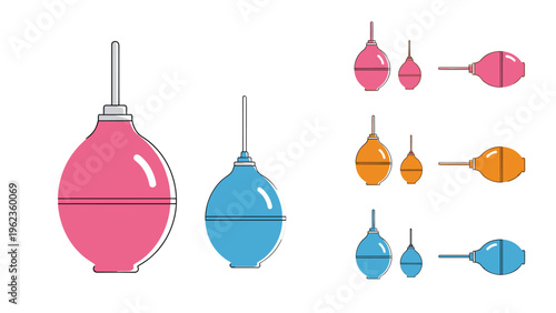 Collection of medical rubber bulbs or enemas in pink blue and orange colors used for various clinical and health procedures.