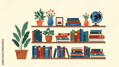 Organized bookshelves containing colorful books potted plants globe and a framed picture for home decor inspiration.