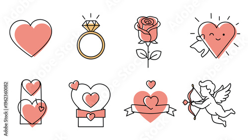 Collection of romantic icons including hearts a diamond ring a rose and Cupid for Valentine's Day and wedding themes.