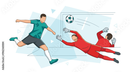 Football player takes a shot on goal, goalkeeper makes a diving save