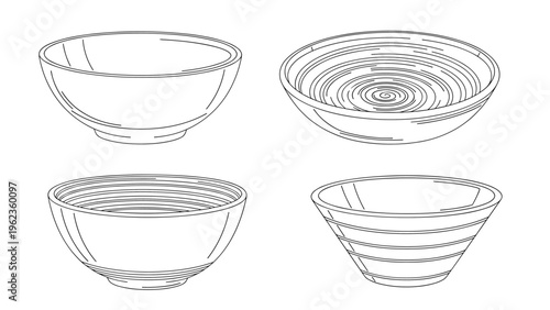 Four different styles of ceramic or wooden bowls shown in simple black and white line art from various perspectives.