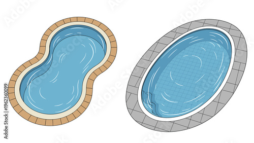 Overhead view of two swimming pool designs including a freeform shape with tan tiles and an oval shape with gray stones.