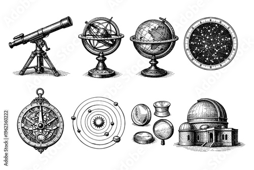 Collection of vintage astronomical and navigational instruments in a sketch style