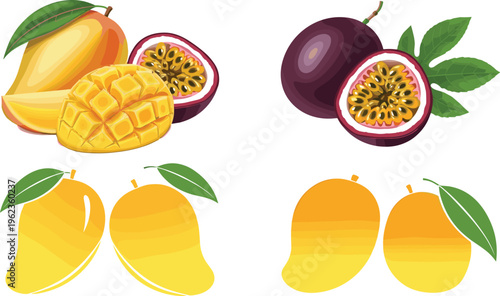 Tropical fruits mango and passion fruit collection with sliced and whole varieties realistic vector illustration isolated on white background