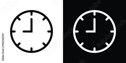 Simple analog clock icon set. Minimalist vector illustration showing the time, ideal for schedule planning, appointments, and general timekeeping concepts. High resolution B&W.