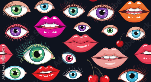 Vibrant Pop Art Eyes and Lips Pattern: Retro Style, Bold Colors, Playful Design
