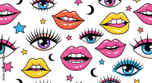 Vibrant Pop Art Lips and Eyes Pattern, Retro Kawaii Style, White Background