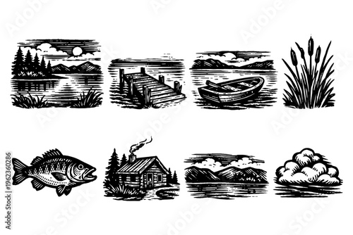 Vintage woodcut illustrations of serene lakeside scenes and outdoor elements