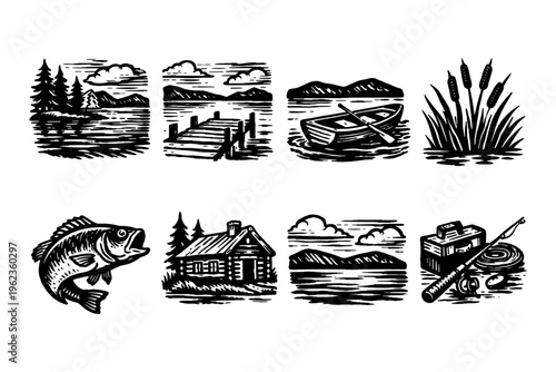 Vintage woodcut illustrations of outdoor activities and nature scenes