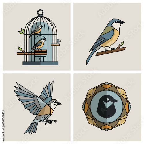 Geometric Birds: Cage, Perched, Flying, and Emblematic Designs