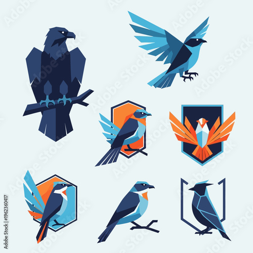 Geometric Bird Logos Set: Modern Avian Icons in Blue, Orange, and Dark Tones
