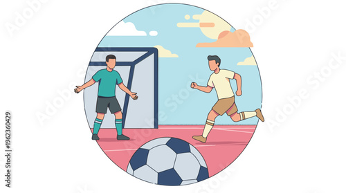 Male soccer players in action on the field with a ball and goal.
