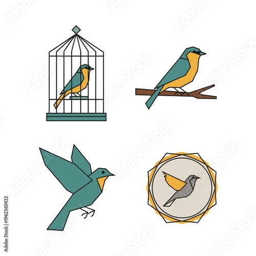 Geometric Birds Collection: Cage, Branch, Flying, Emblem