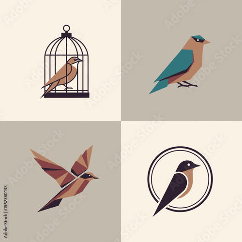 Geometric Birds Collection: Cage, Flying, Perched, and Logo Designs