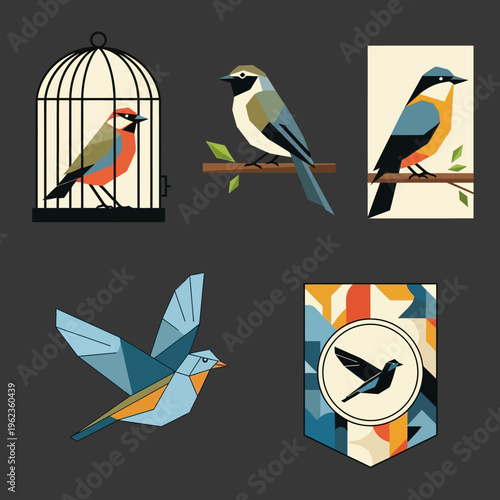 Geometric Birds Collection: Cage, Perched, Flying, and Emblem Designs