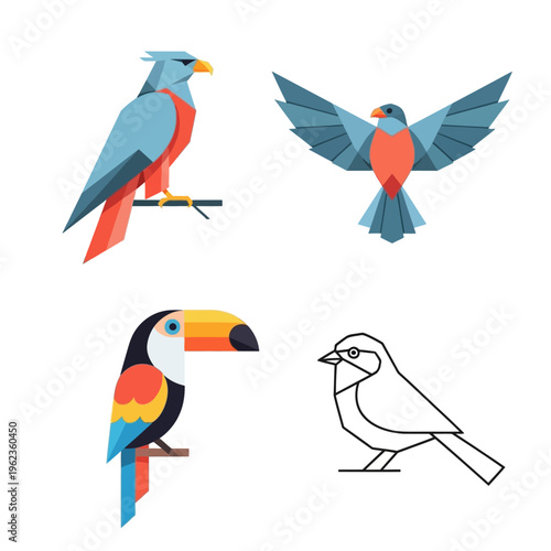 Geometric Birds Collection: Eagle, Toucan, Flying Bird, Outline Bird