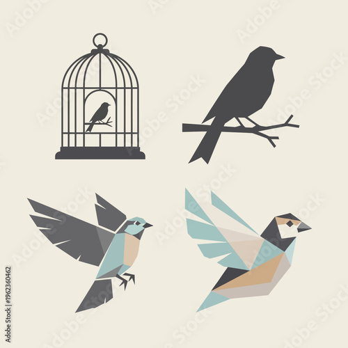 Geometric Birds Silhouette and Origami Style Flying Birds Collection