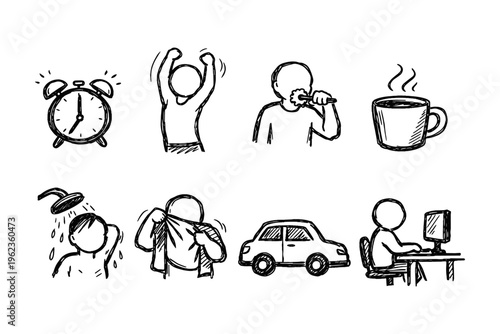 Daily routine icons: waking up, showering, and commuting to work