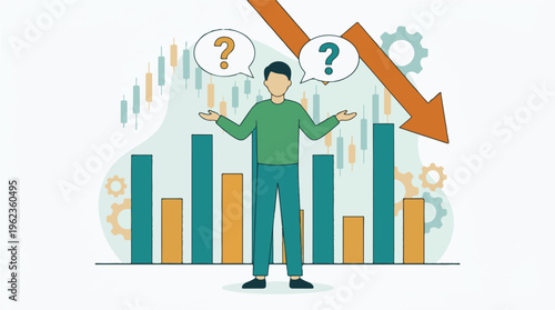 Confused man with declining financial market and economic uncertainty