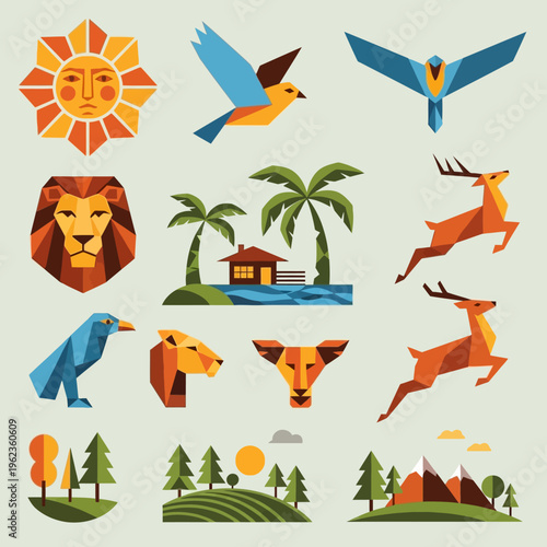 Geometric Wildlife and Nature Icons: Sun, Lion, Deer, Bird, Landscape, House