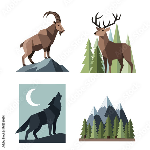 Geometric Wildlife Collection: Ibex, Deer, Wolf, Mountains, Forest, Moon
