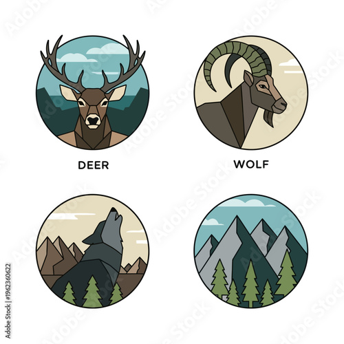 Geometric Wildlife Icons: Deer, Wolf, Mountains, Nature Landscape