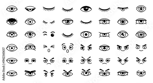 Eyes emoticon set with various expressions and eyelashes in black and white, conveying different emotions and reactions.