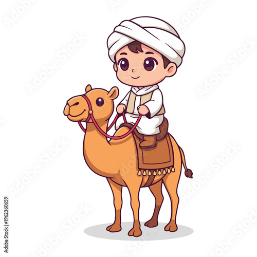 Cute Illustration of a Little Boy Riding a Camel
