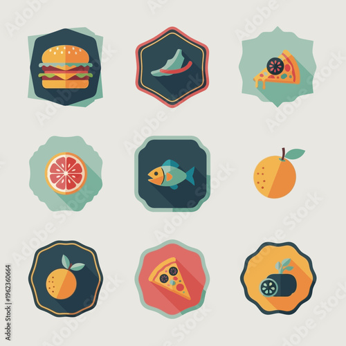 Healthy Food Icons Set: Burger, Pizza, Fish, Fruits, Vegetables, and Sports Shoe