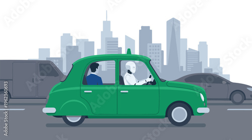 Robot driver and human passenger in an autonomous vehicle on a city street