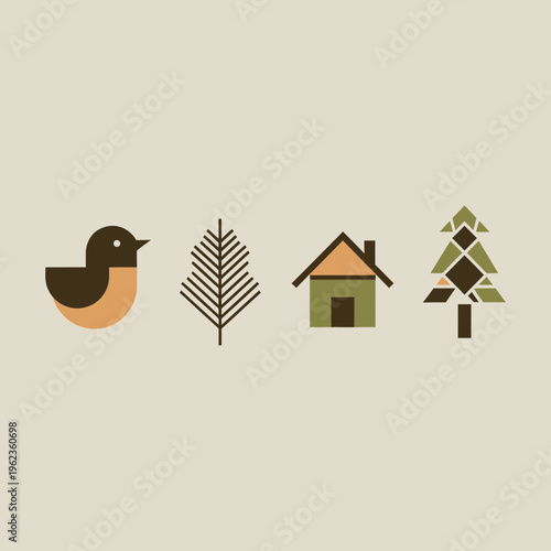 Minimalist Geometric Icons: Bird, Pine Tree, House, and Fir Tree on Beige Background