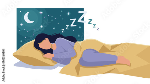 Woman sleeping soundly in bed at night, cozy rest under a starry sky