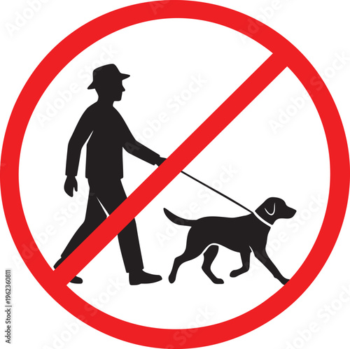 No dogs allowed silhouette sign showing a man walking a dog on a leash inside a red prohibition circle, pet restriction icon for parks, playgrounds, and private property.