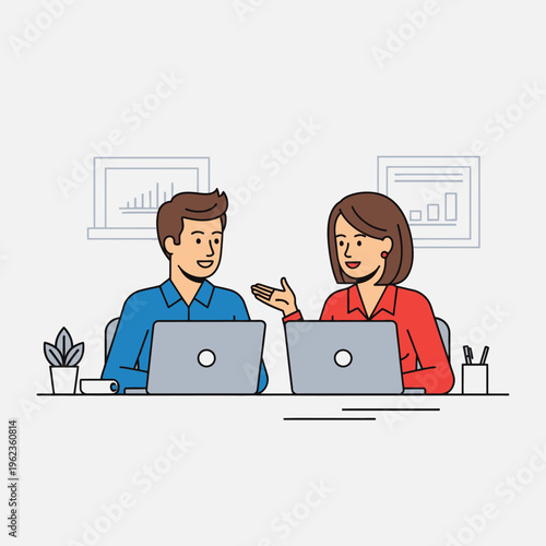 Two colleagues collaborating at laptops in a modern office, discussing project ideas.