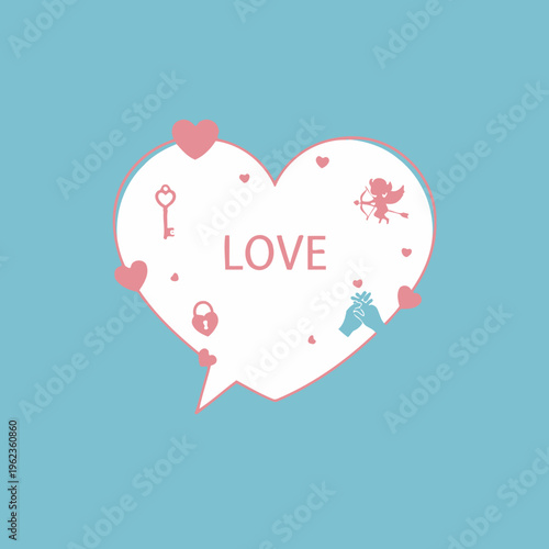 Valentine's Day Heart Speech Bubble with Love Symbols: Cupid, Key, Lock, Hands