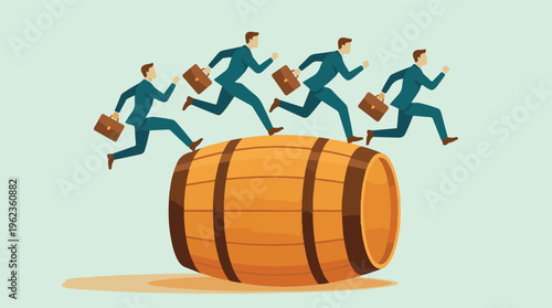 Businessmen running on a rolling barrel, concept of business challenge